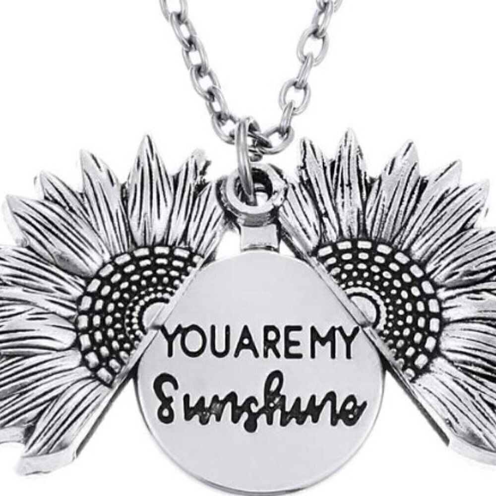 You Are My Sunshine Sunflower Necklace Locket Hidden Message, Silver